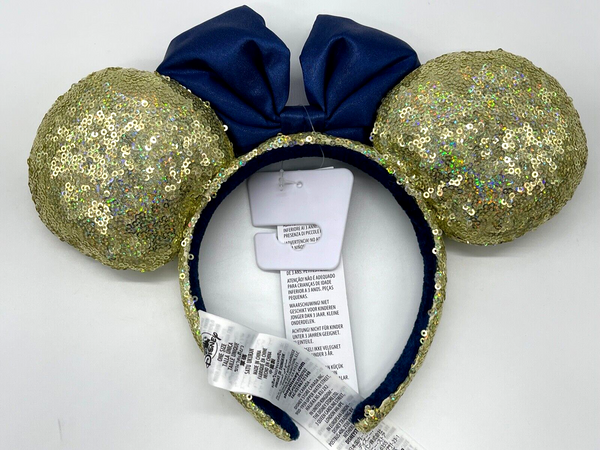 Disney Parks WDW 50th Anniversary Gold Sequin Blue Bow Ears Headband EARidescent