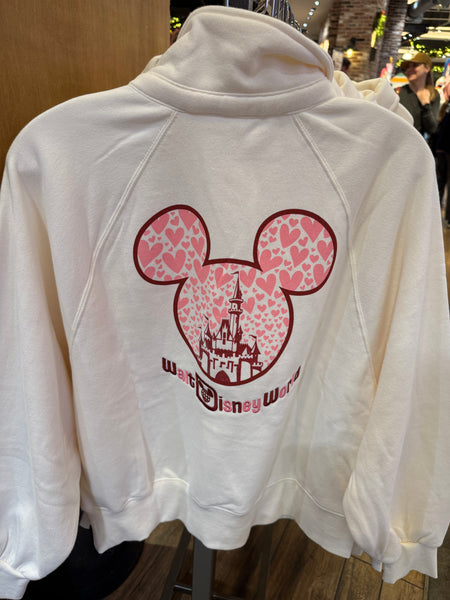 Disney Parks 2025 WDW Pullover Sweatshirt Castle Pink Hearts Valentines 3/4 Snap