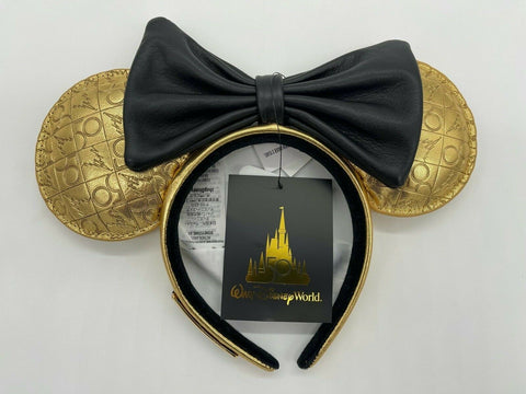 Disney Parks WDW 50th Anniversary Loungefly Gold Leather Luxe Ears Headband NWT